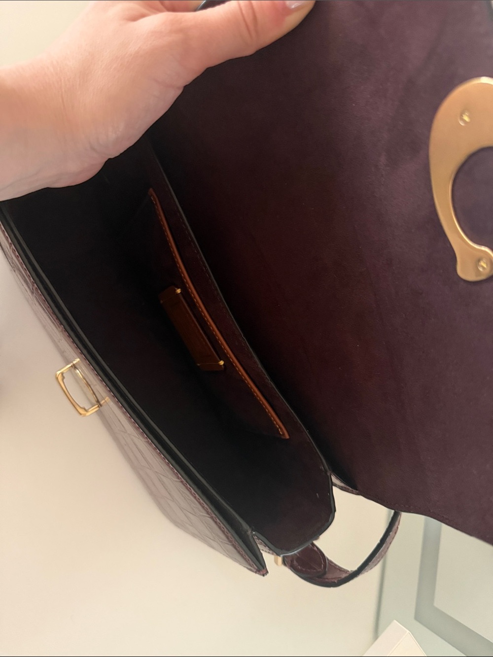Coach Croc-Embossed Shoulder Bag in Burgundy with Gold Hardware - Picture 3 of 5